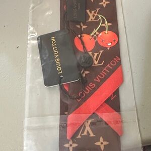 Louis Vuitton Brown & Red Monogram Cherry Silk Twilly 46x2 inches